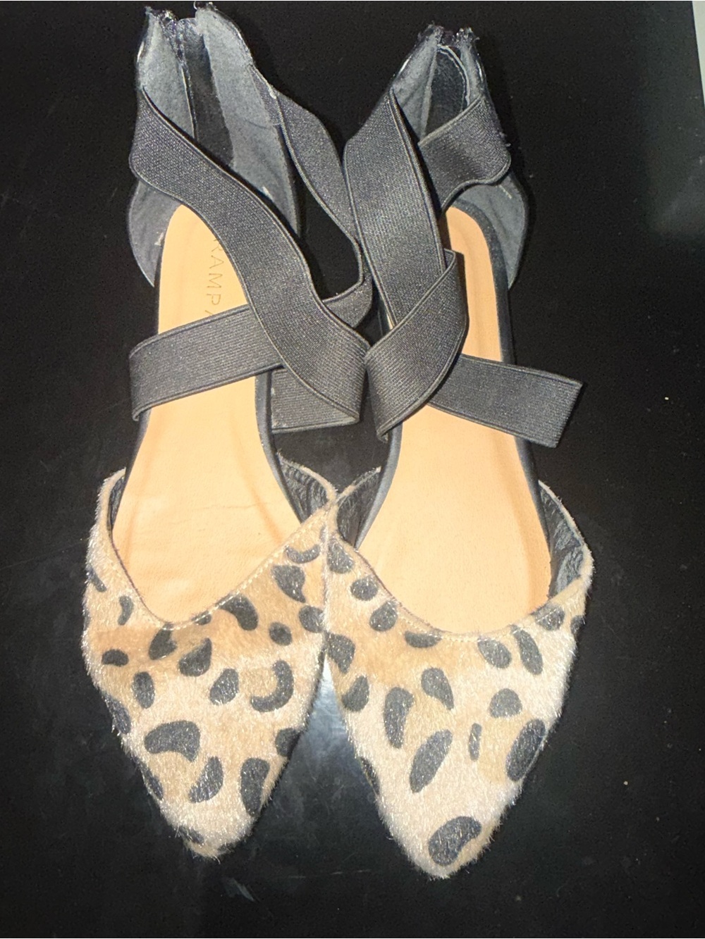Rampage Leopard-Print Pointed Flats with Black Elastic Cross Straps